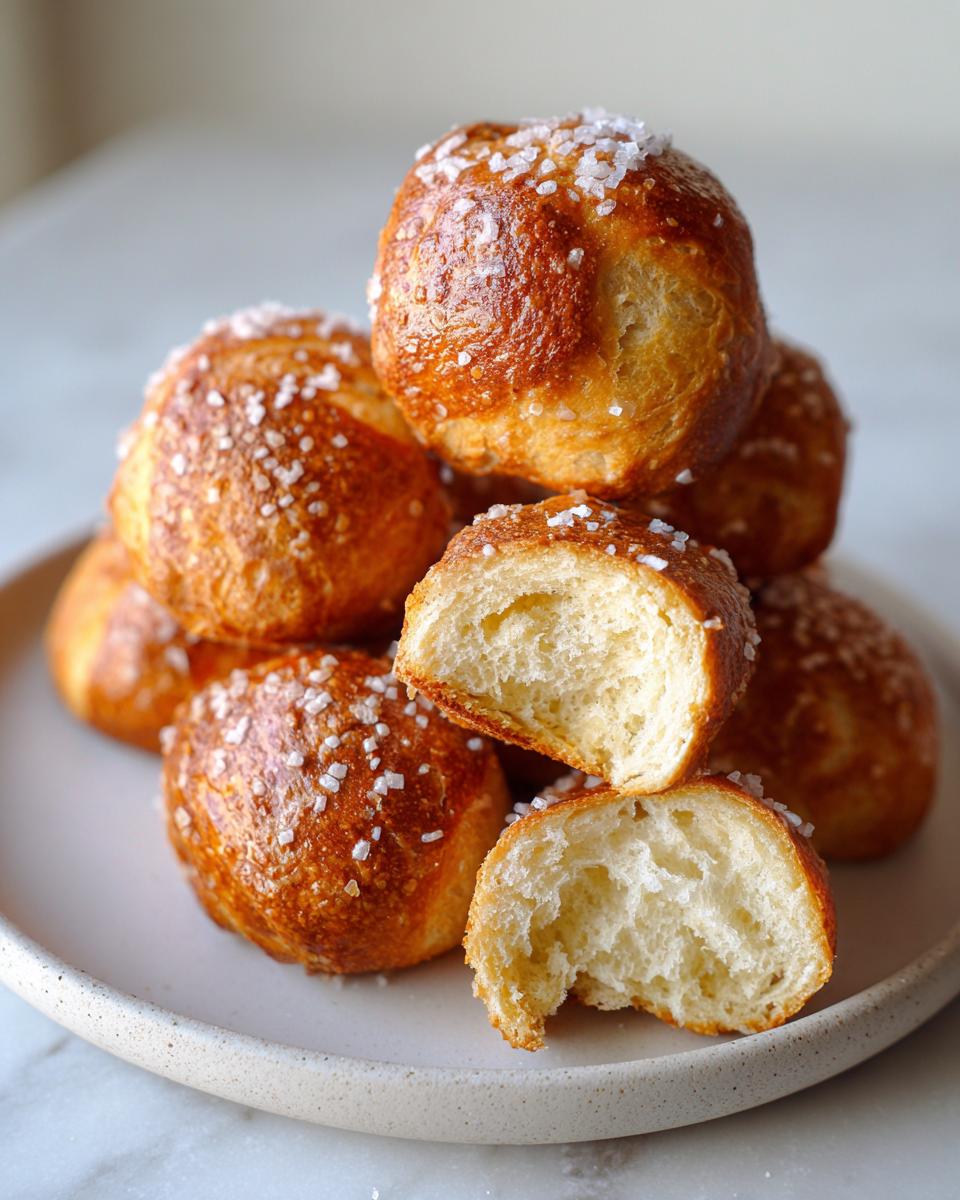 A stack of golden brown pretzel bites topped with coarse salt, with one bite broken open to show the soft interior.