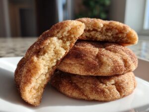 A stack of soft, chewy snickerdoodle cookies, one broken open to show the fluffy interior.