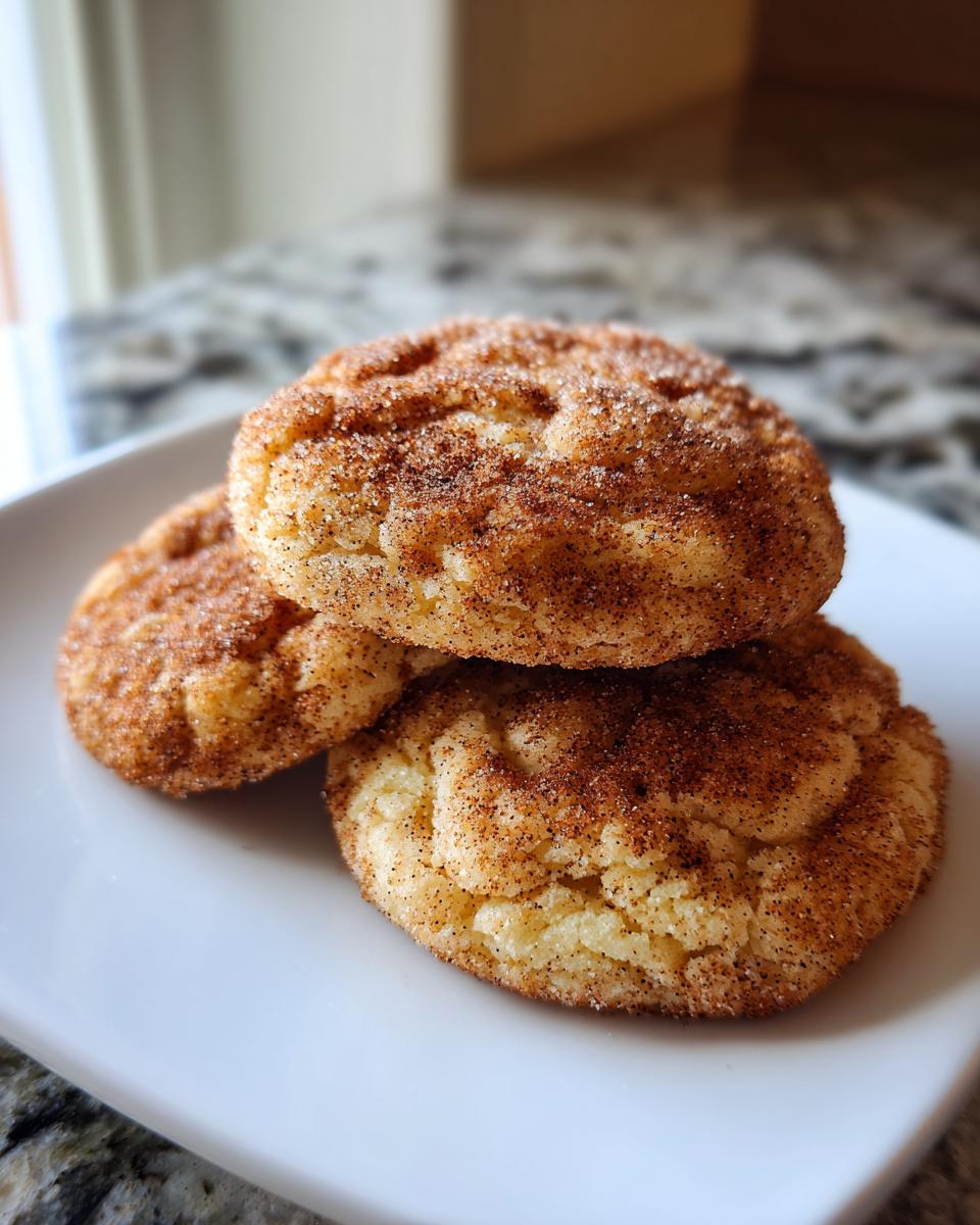Close-up of three soft, chewy snickerdoodle cookies generously coated in cinnamon sugar, stacked on a white plate.