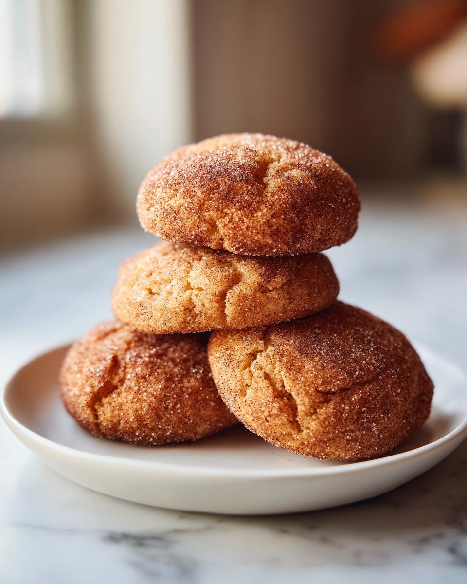 A vertical stack of four soft, freshly baked snickerdoodle cookies coated in cinnamon sugar on a small white plate.