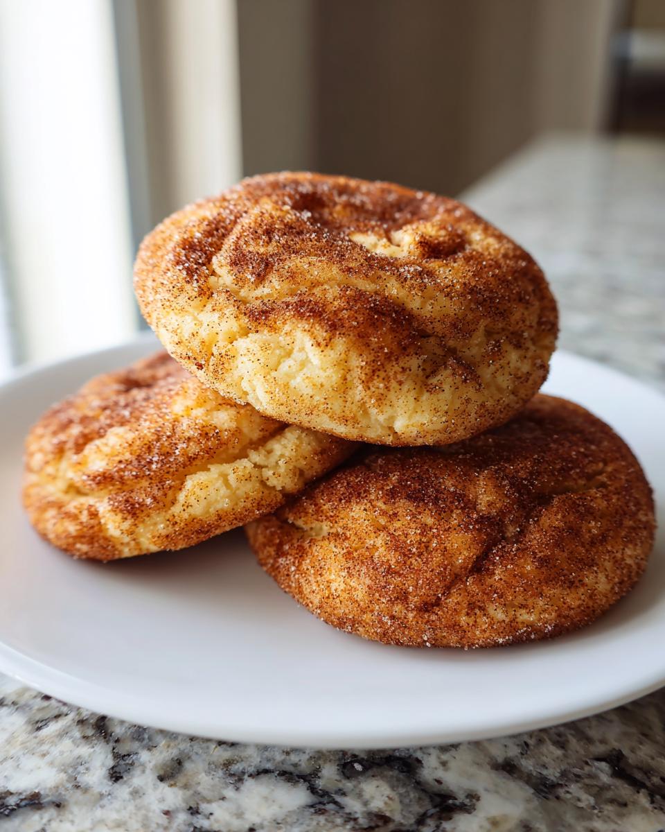 Three soft, freshly baked snickerdoodle cookies stacked on a white plate, coated in cinnamon sugar.