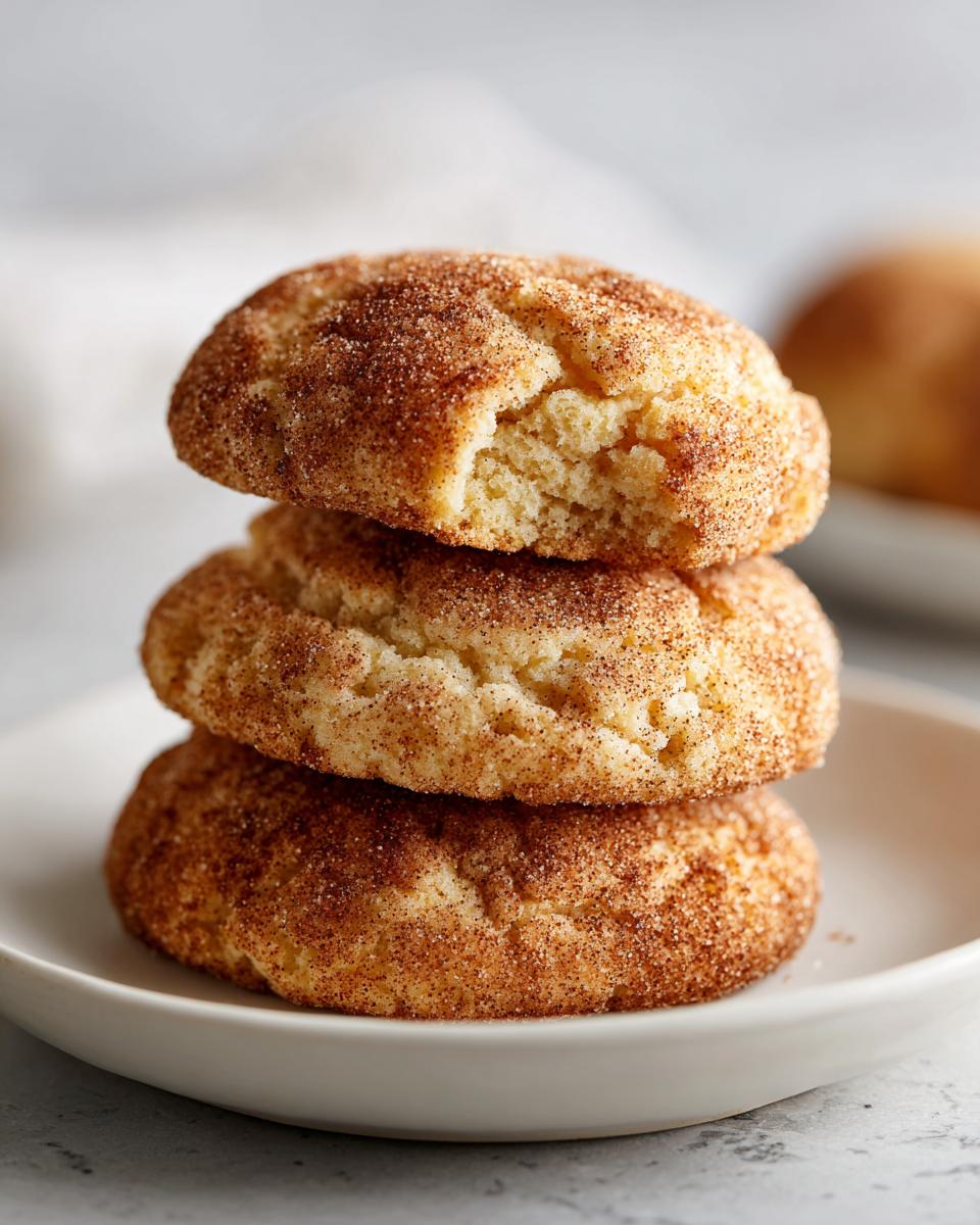 Three soft, chewy snickerdoodle cookies stacked on a white plate, with the top one having a bite taken out.