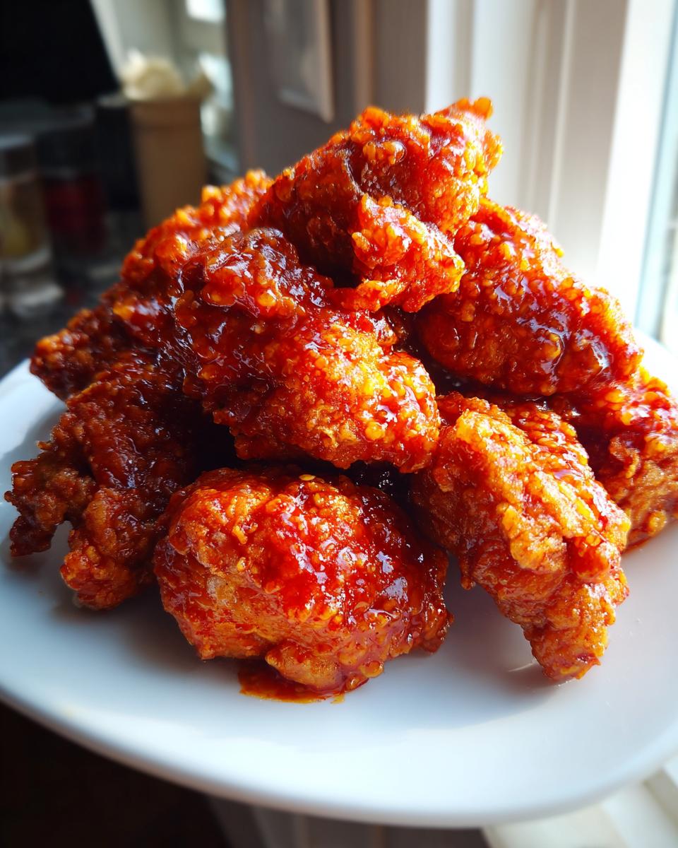 A pile of crispy, glazed korean fried chicken recipe pieces coated in a vibrant red, sticky sauce on a white plate.