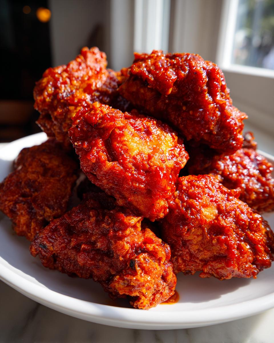 Close-up of crispy, saucy Korean fried chicken wings piled high on a white plate.