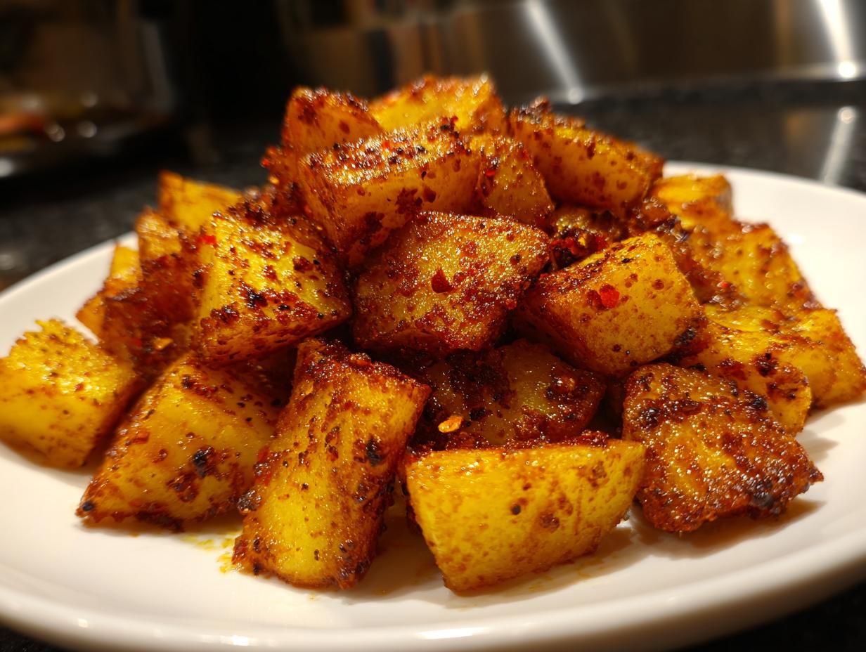 Close-up of golden, cubed Mexican Potatoes seasoned heavily with chili flakes and spices.