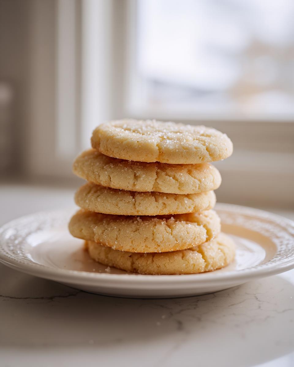 A stack of five perfectly baked 3-ingredient butter cookies sprinkled with sugar on a white plate.