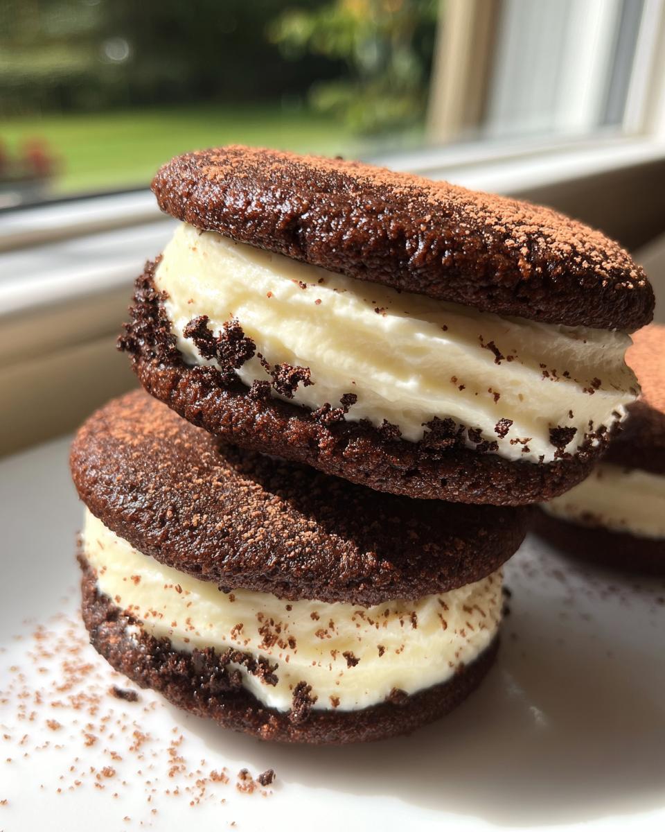 A stack of two decadent chocolate tiramisu cookies filled with cream and dusted with cocoa powder.