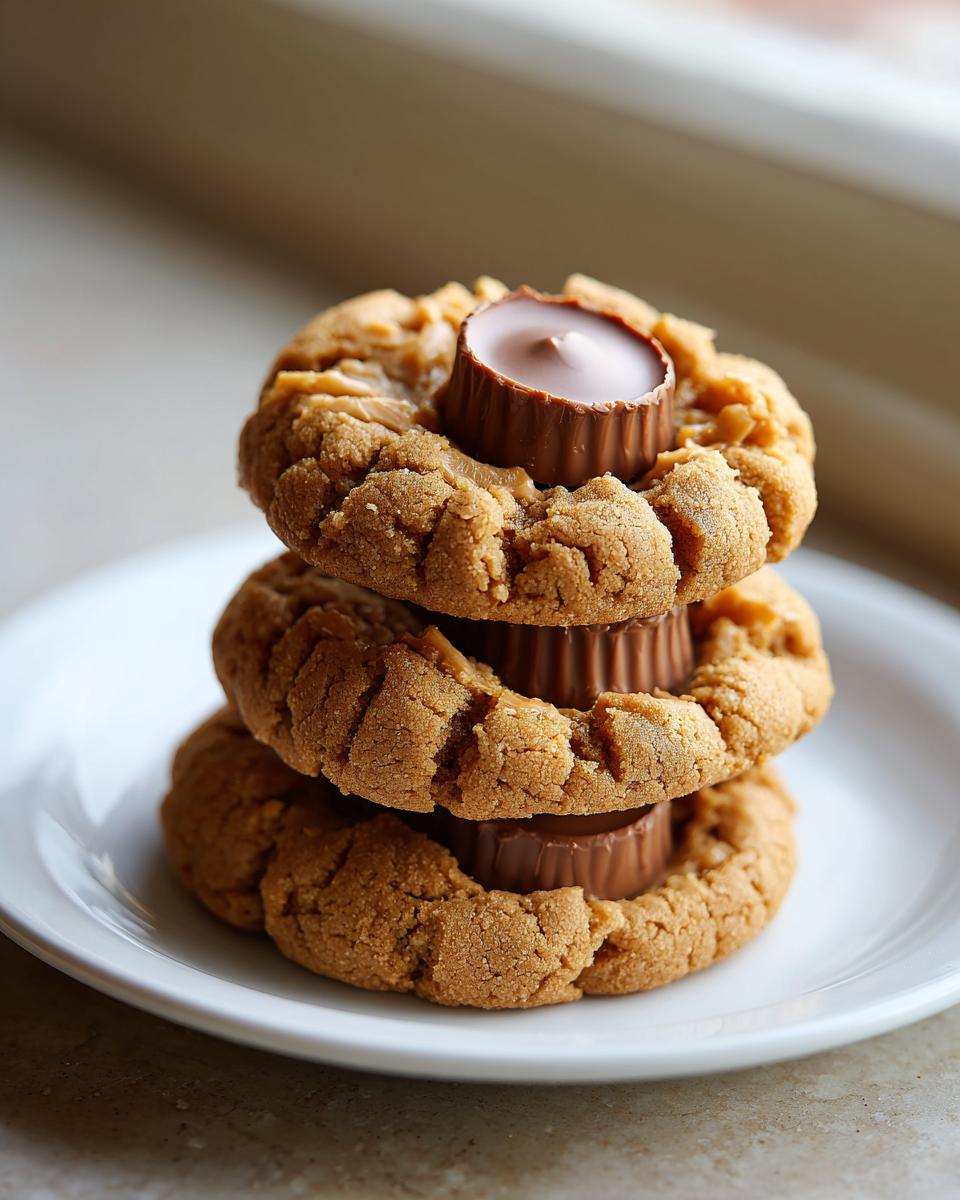 A vertical stack of three soft peanut butter cup cookies, each topped with a miniature chocolate peanut butter cup.