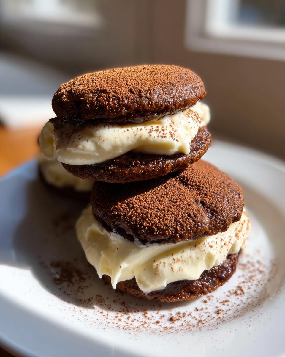 Two stacked, dark chocolate tiramisu cookies filled with thick cream and dusted heavily with cocoa powder.