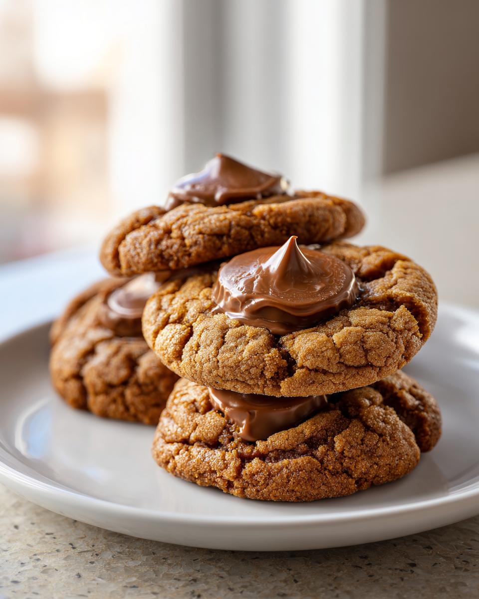 A stack of four chewy peanut butter cup cookies topped with melted chocolate centers.