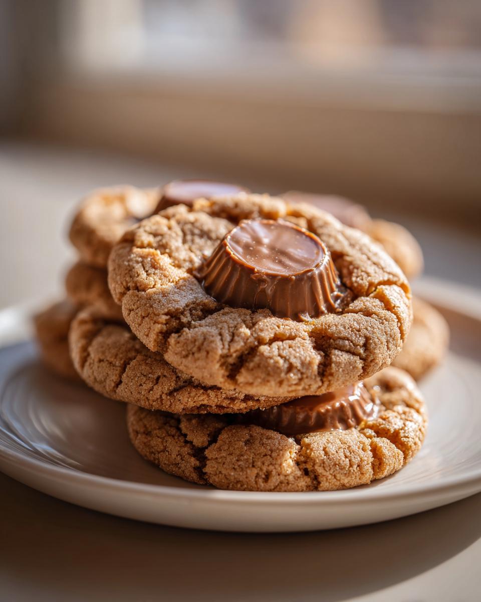 A close-up stack of soft peanut butter cup cookies, each topped with a melted chocolate peanut butter cup.