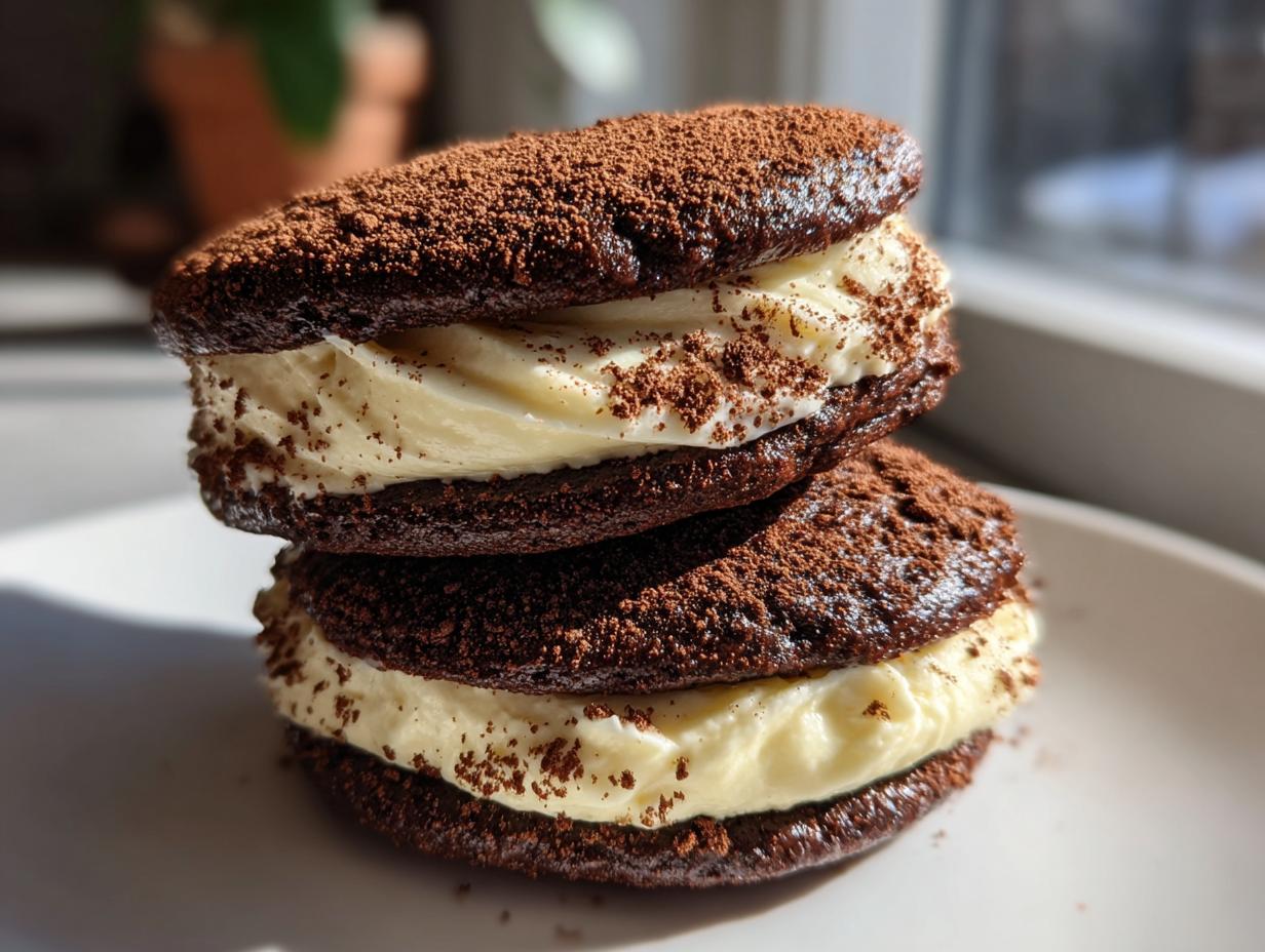 Close-up of two stacked chocolate tiramisu cookies filled with creamy mascarpone filling and dusted with cocoa powder.