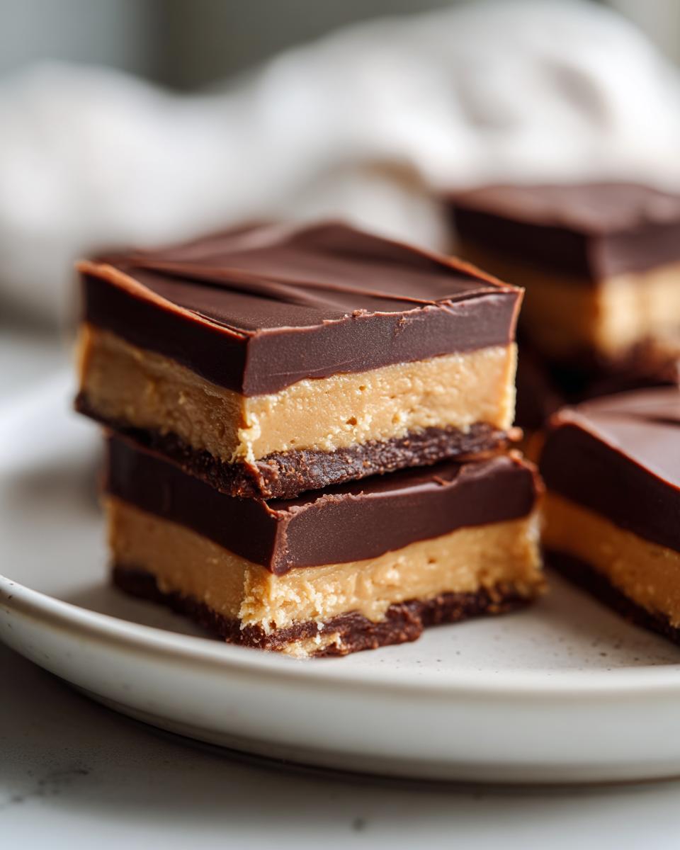 Two stacked squares of rich buckeye fudge featuring a dark chocolate base, thick peanut butter layer, and smooth chocolate topping.