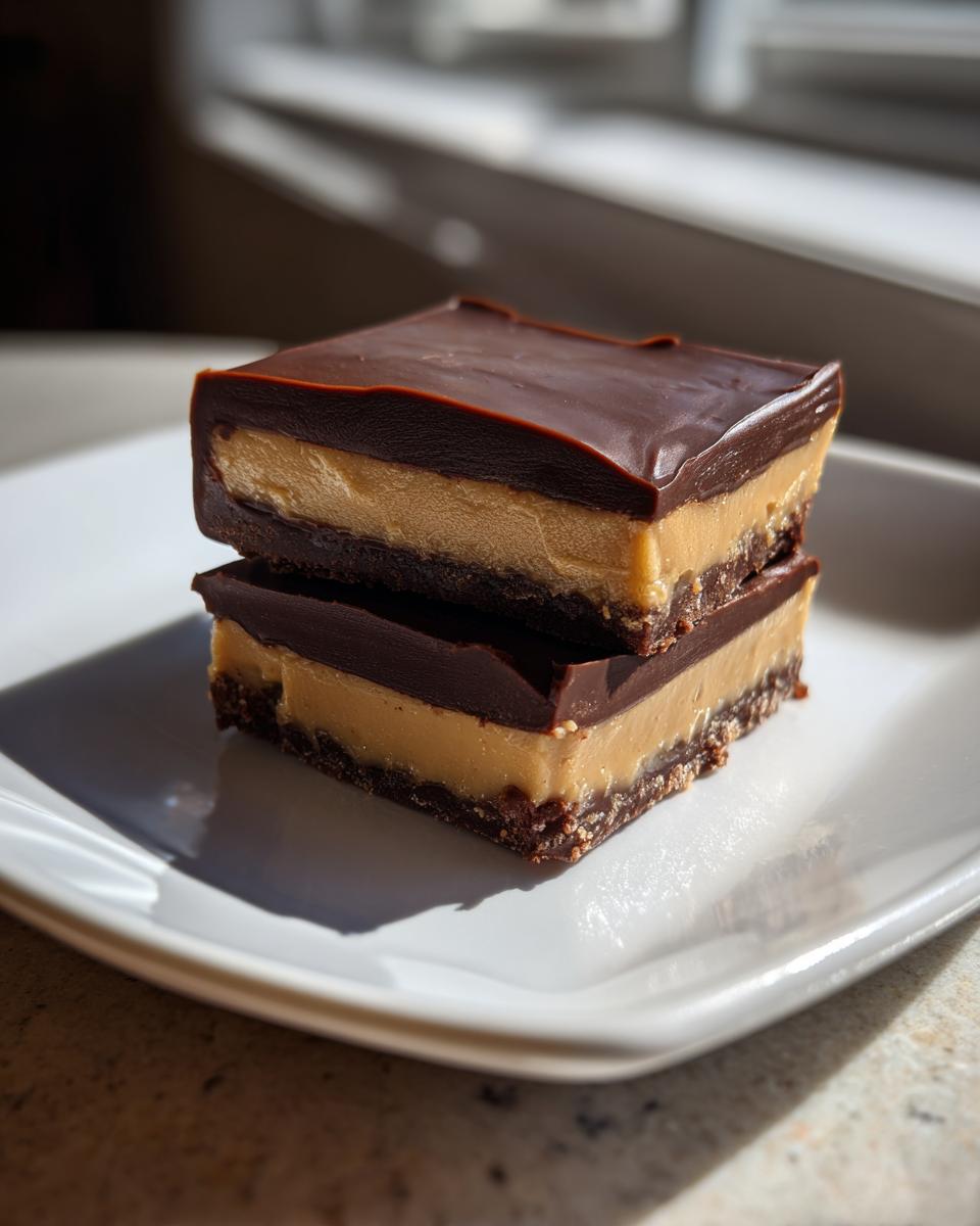 Two stacked squares of rich buckeye fudge featuring a peanut butter layer and a dark chocolate coating, sitting on a white plate.