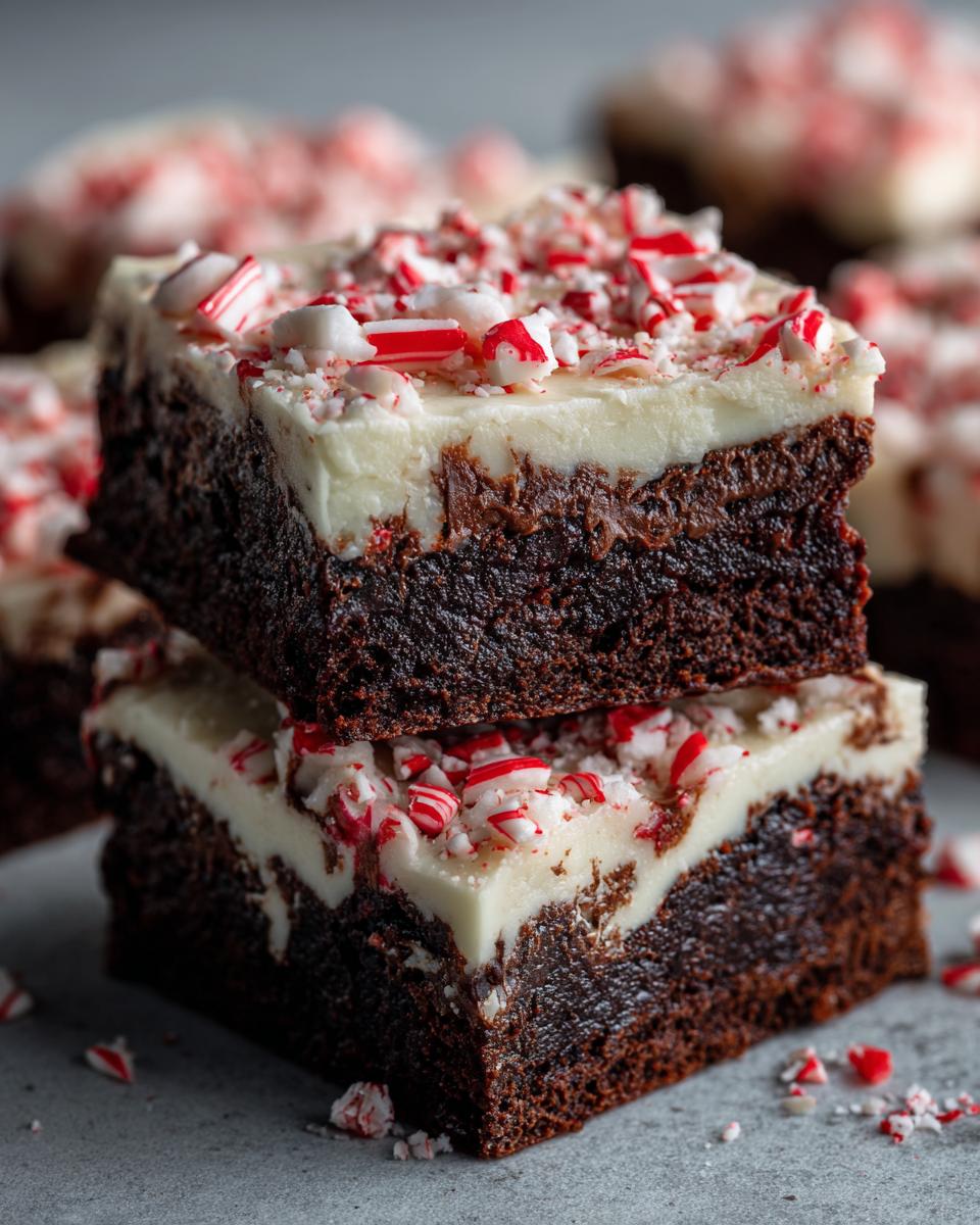 Two stacked, fudgy peppermint brownies topped with thick white frosting and crushed candy canes.