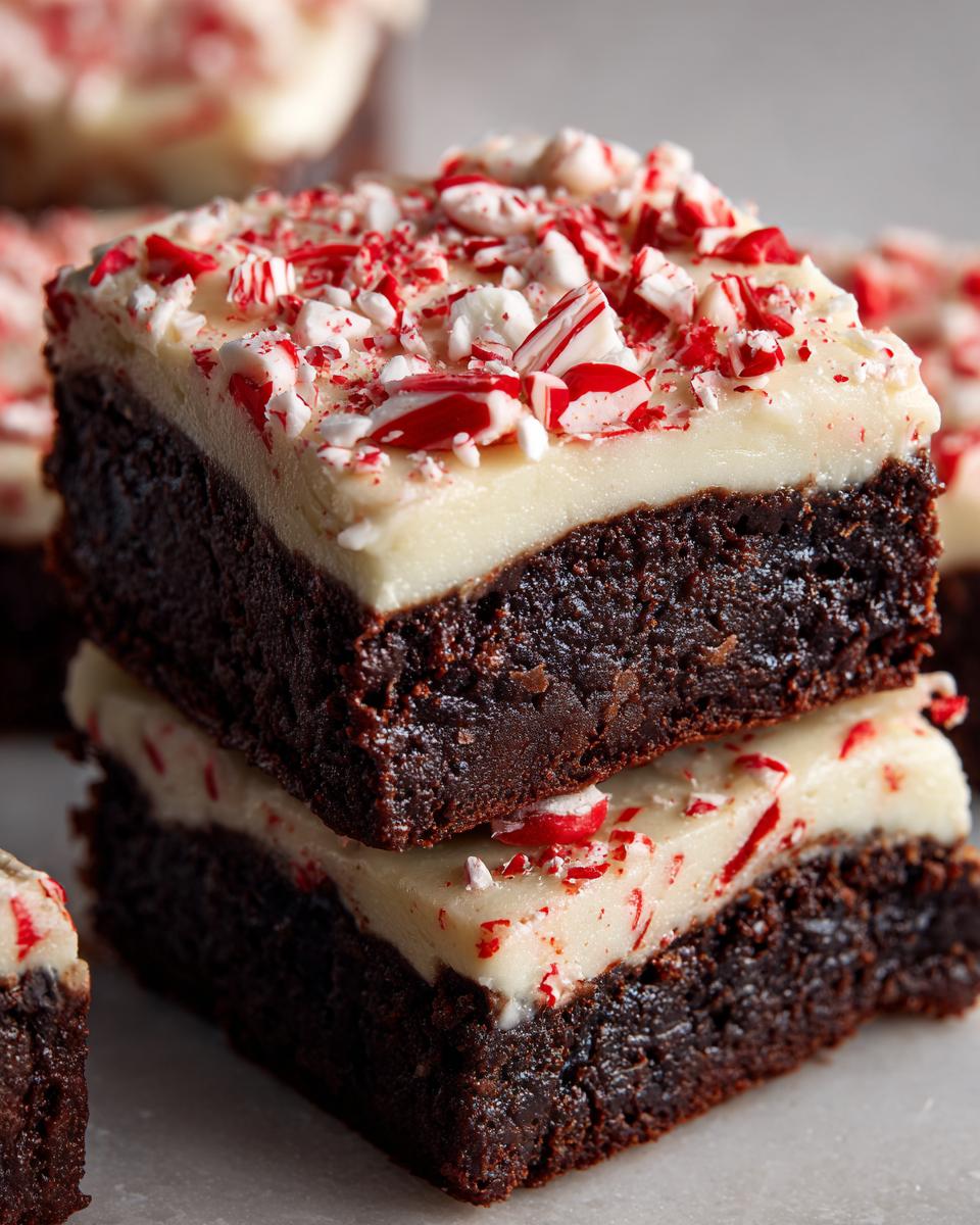 Two stacked, rich chocolate peppermint brownies topped with thick white frosting and crushed candy canes.