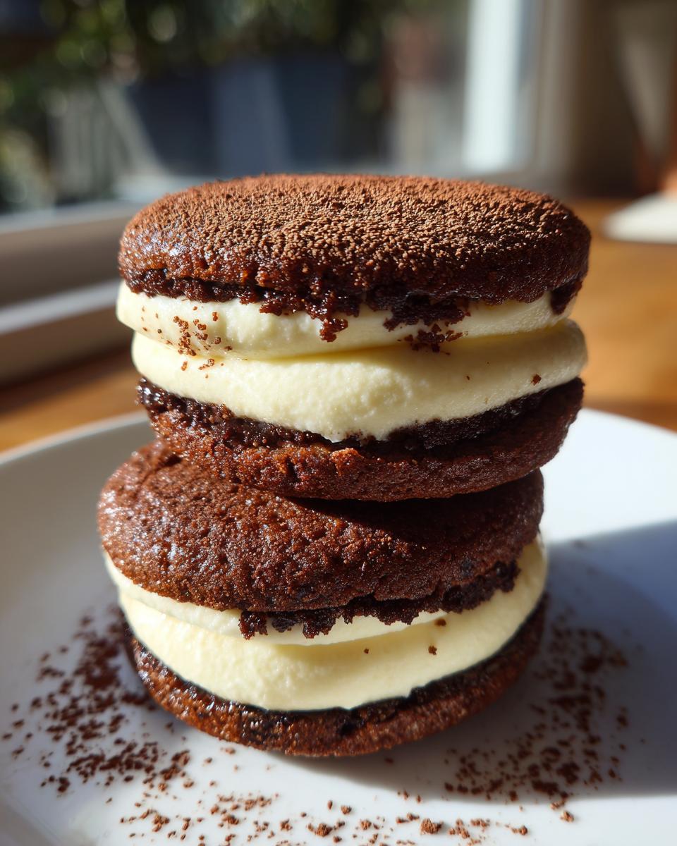 Two stacked chocolate tiramisu cookies filled with thick cream and dusted with cocoa powder.