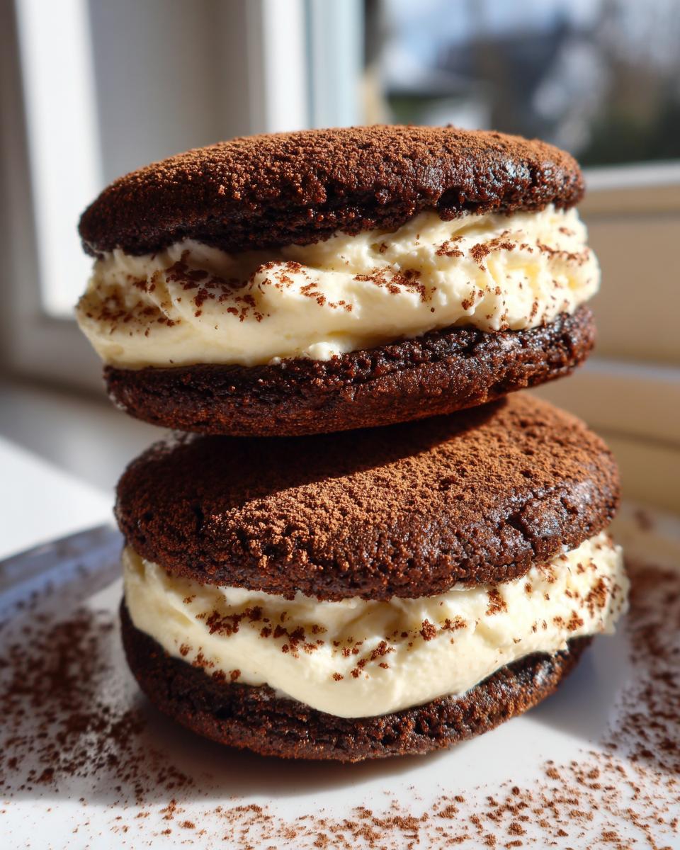 Two stacked chocolate tiramisu cookies filled with rich cream and dusted heavily with cocoa powder.