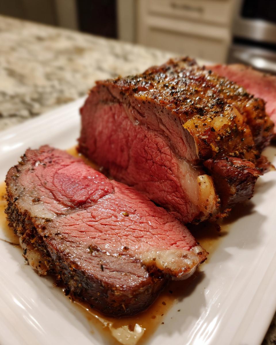 Close-up of a juicy standing rib roast, sliced to show a perfect medium-rare interior and seasoned crust.