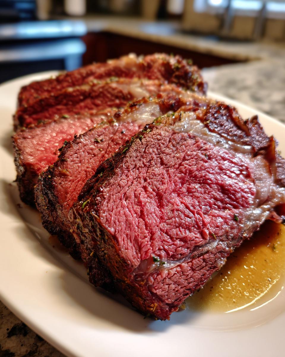 Close-up of several thick, medium-rare slices of standing rib roast resting in their juices on a white plate.