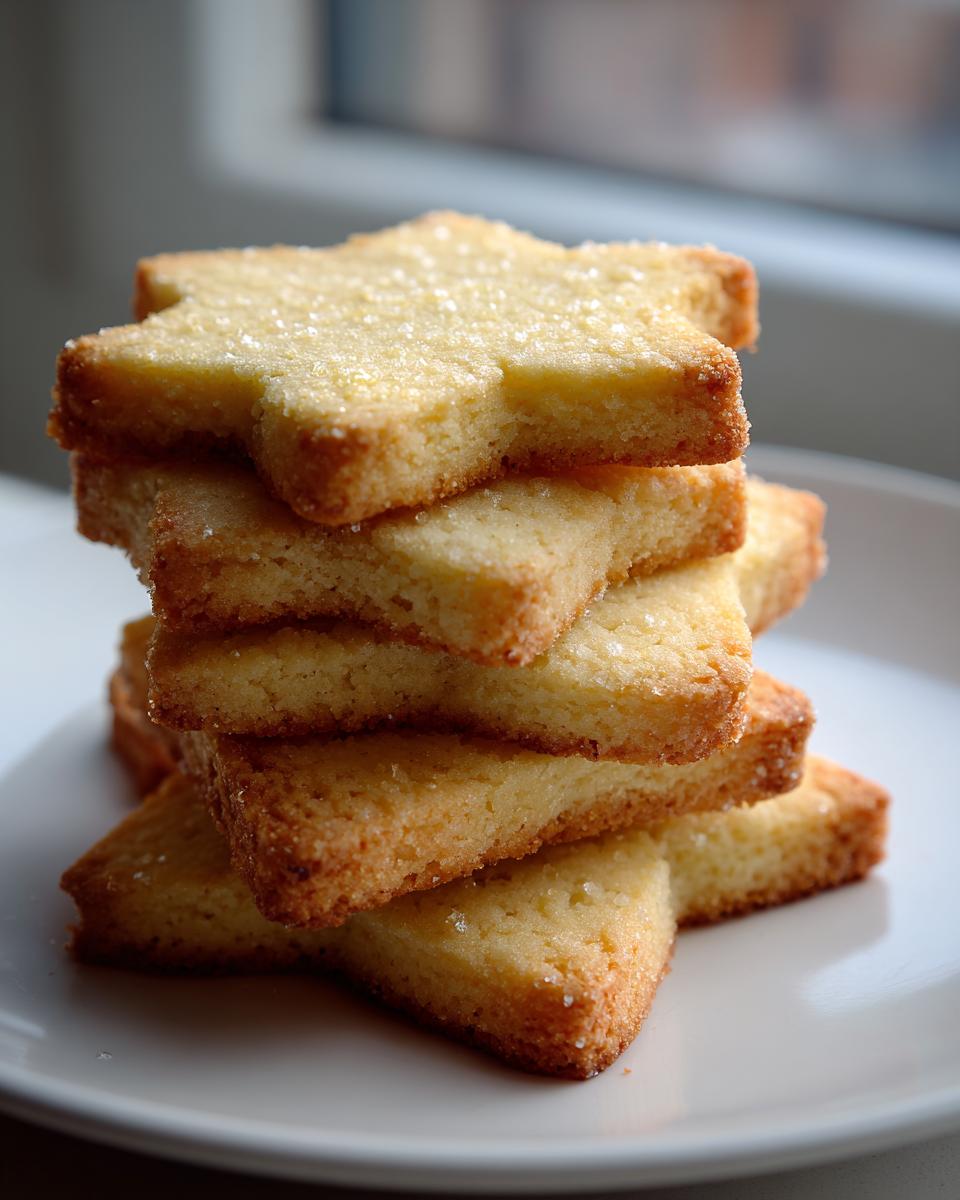 A vertical stack of five golden, star-shaped sugar cookie pieces dusted with sparkling sugar.