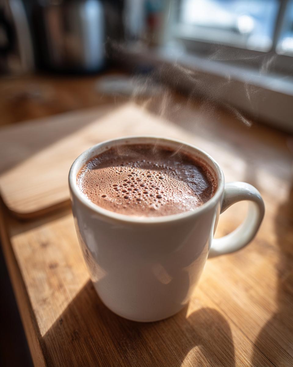 A white mug filled with steaming hot chocolate sits on a wooden surface, showcasing the rich color of the crockpot hot chocolate recipe.