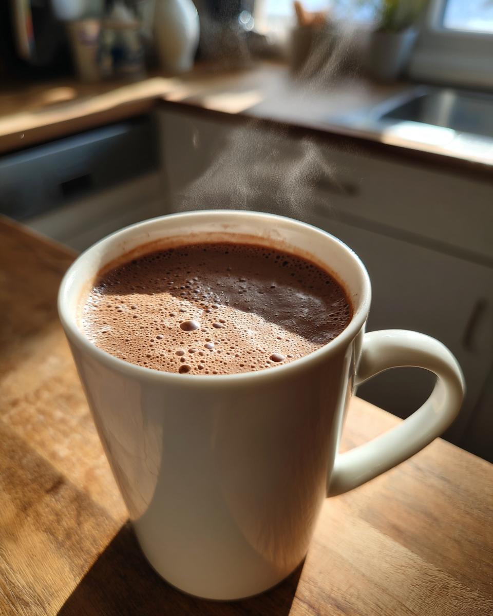 A steaming white mug filled with rich, foamy crockpot hot chocolate recipe sits on a sunlit wooden counter.