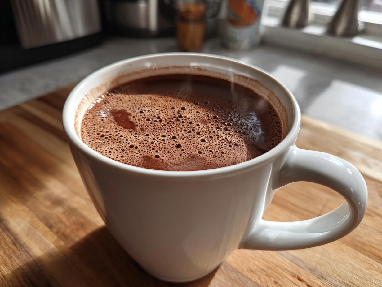 A close-up of a white mug filled with rich, steaming hot chocolate, sitting on a wooden cutting board.