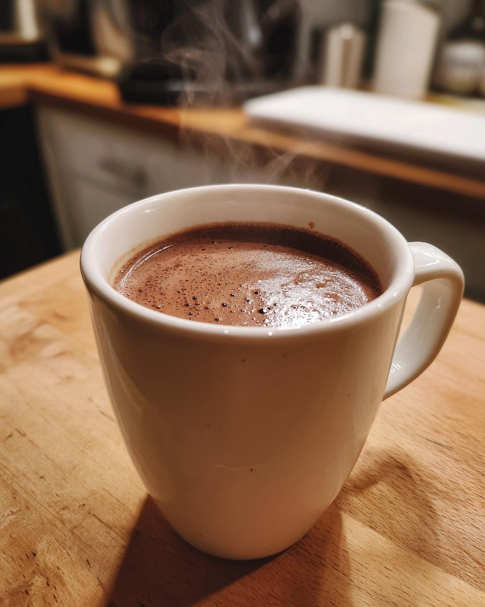Close-up of a steaming white mug filled with rich, dark hot chocolate, perfect for a crockpot hot chocolate recipe.