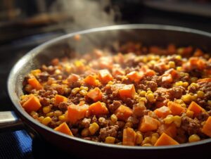 Close-up of a steaming sweet potato skillet mixture featuring ground meat, bright orange sweet potato cubes, and yellow corn.