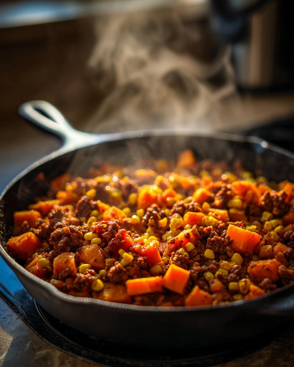 Close-up of a steaming sweet potato skillet with ground meat and corn cooking in a cast iron pan.
