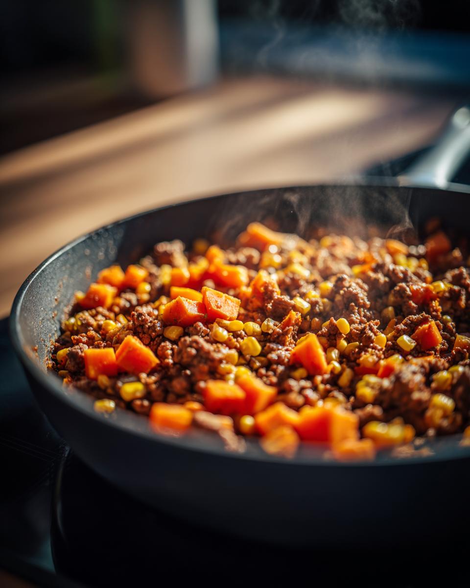 Close-up of a steaming sweet potato skillet mixture featuring ground meat, bright orange sweet potato chunks, and corn.