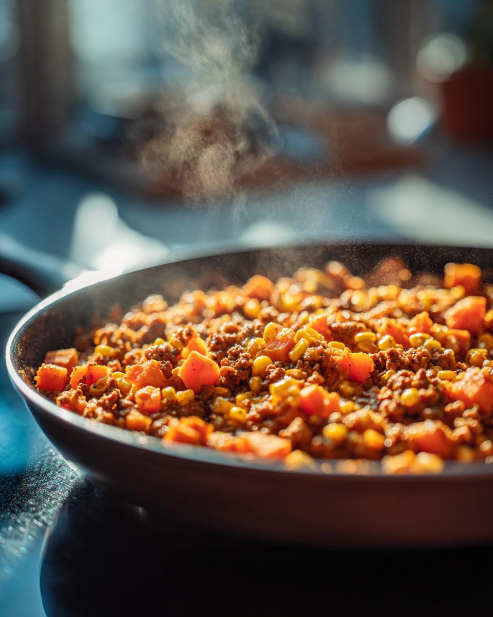 Close-up of a hot sweet potato skillet mixture with ground meat and corn steaming vigorously in a dark pan.