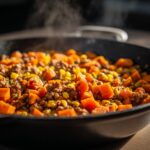 Close-up of a steaming sweet potato skillet filled with ground meat, bright orange sweet potato chunks, and yellow corn.