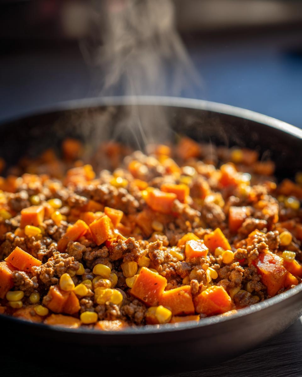 Close-up of a steaming sweet potato skillet filled with seasoned ground meat, bright orange sweet potato chunks, and yellow corn kernels.