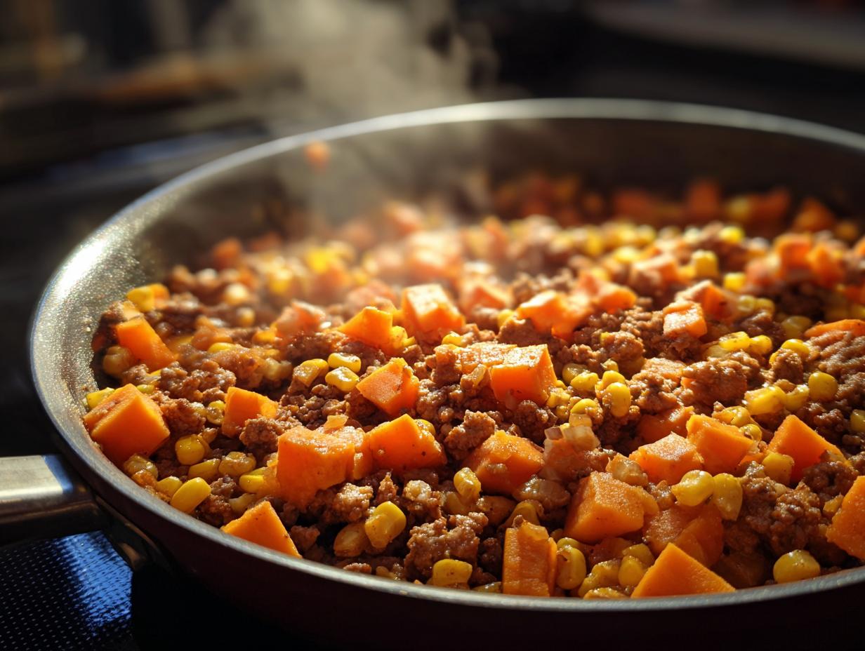 Close-up of a steaming sweet potato skillet mixture featuring ground meat, bright orange sweet potato cubes, and yellow corn.