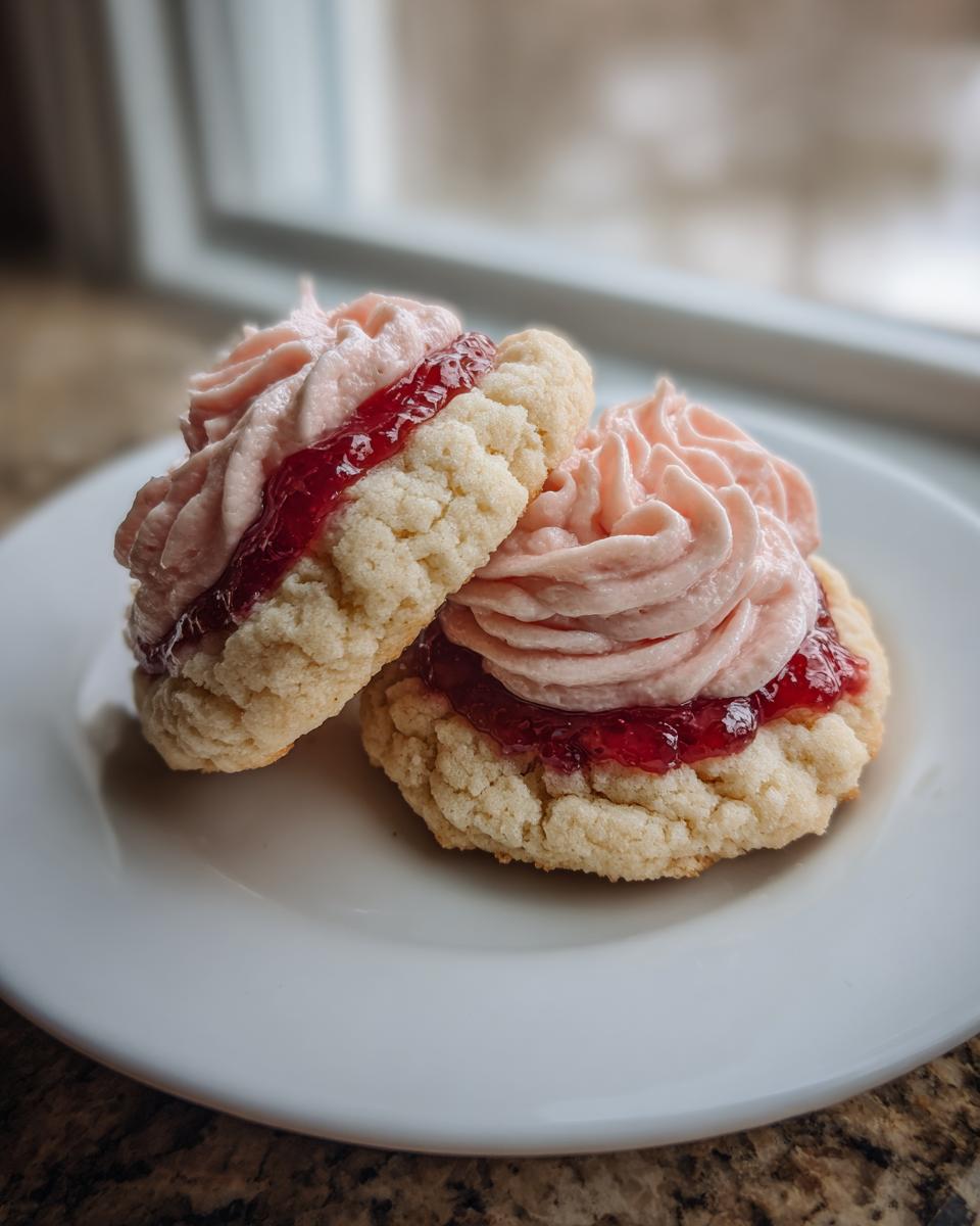 Two strawberry cheesecake cookies filled with jam and pink frosting, resting on a white plate.