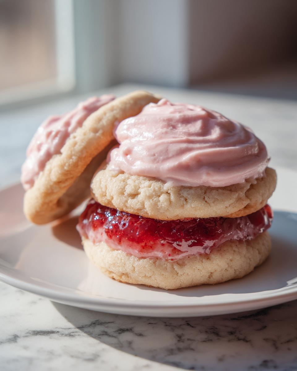 Two soft sugar cookies sandwiched with strawberry jam and topped with pink strawberry cheesecake frosting, featuring strawberry cheesecake cookies.
