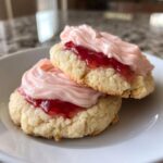 Close-up of two stacked strawberry cheesecake cookies topped with strawberry jam and pink cream cheese frosting.