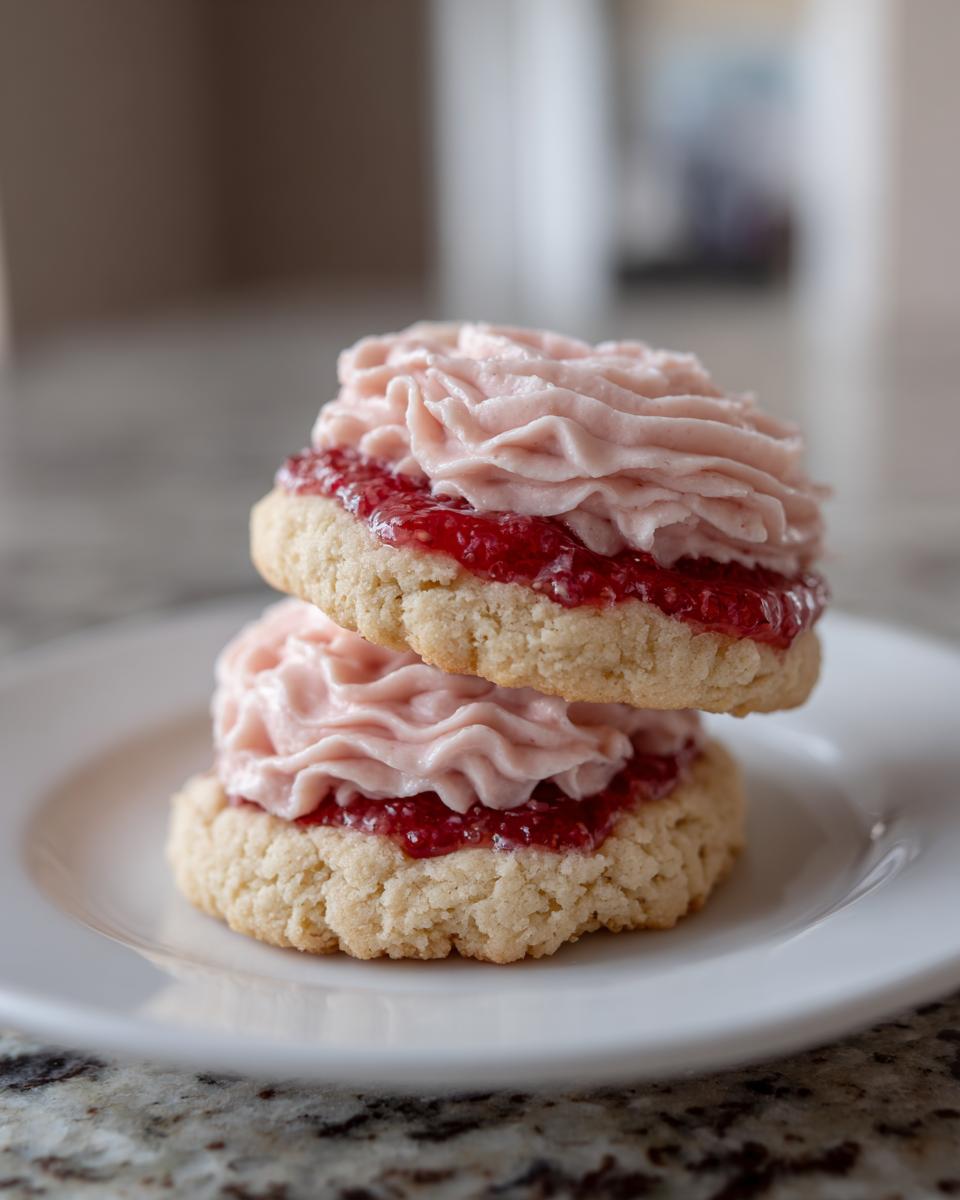 Two stacked strawberry cheesecake cookies filled with jam and piped pink frosting.
