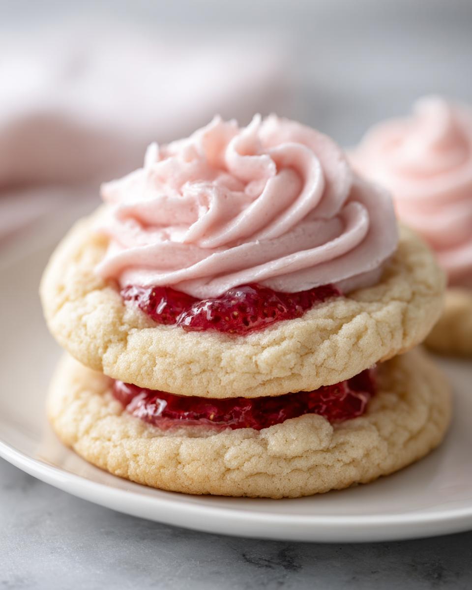 Close-up of two stacked strawberry cheesecake cookies filled with jam and topped with pink cream cheese frosting.