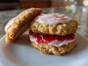 Close-up of two stacked strawberry cheesecake cookies filled with jam and pink frosting.