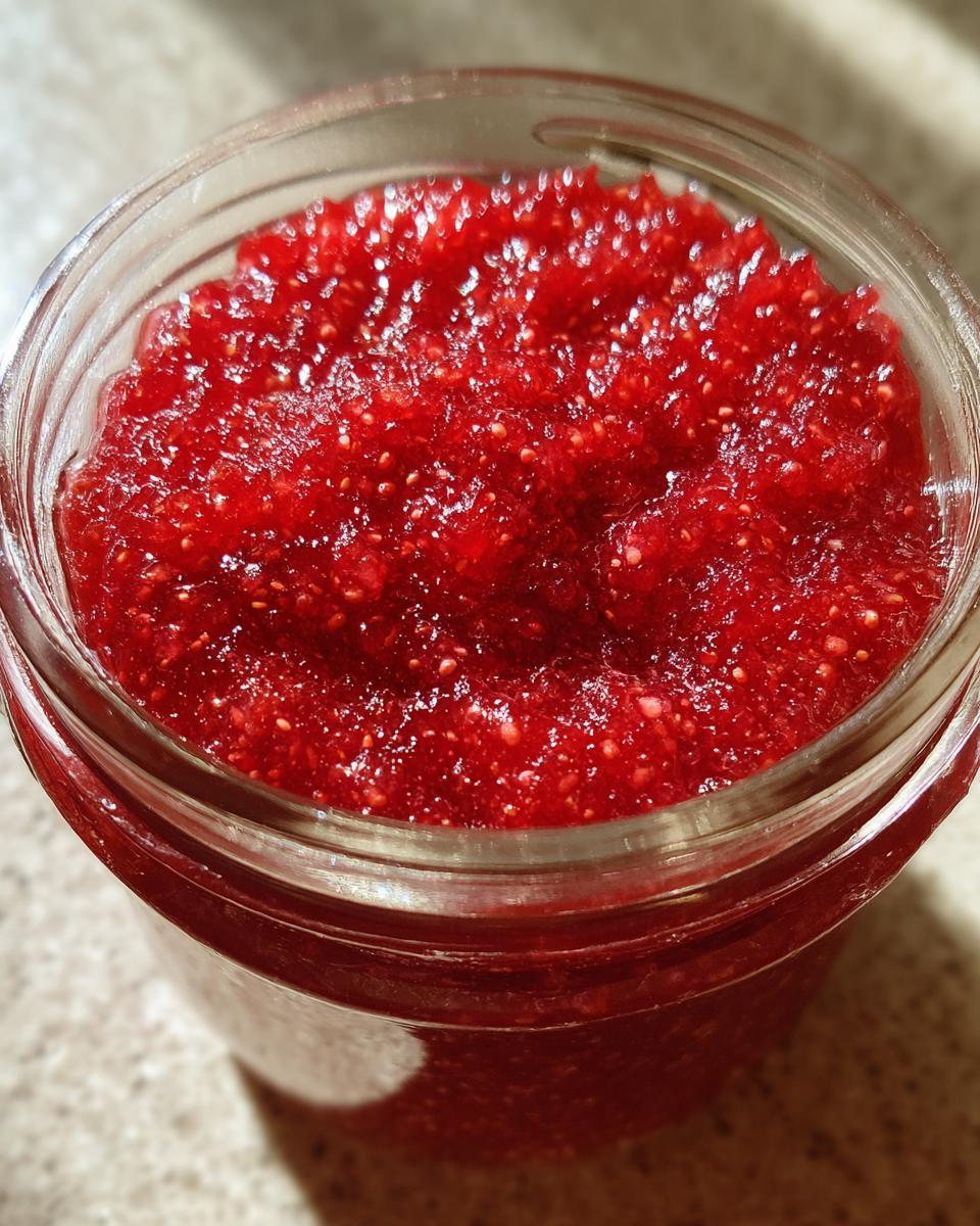 Close-up view of vibrant, textured strawberry freezer jam filling a clear glass jar.