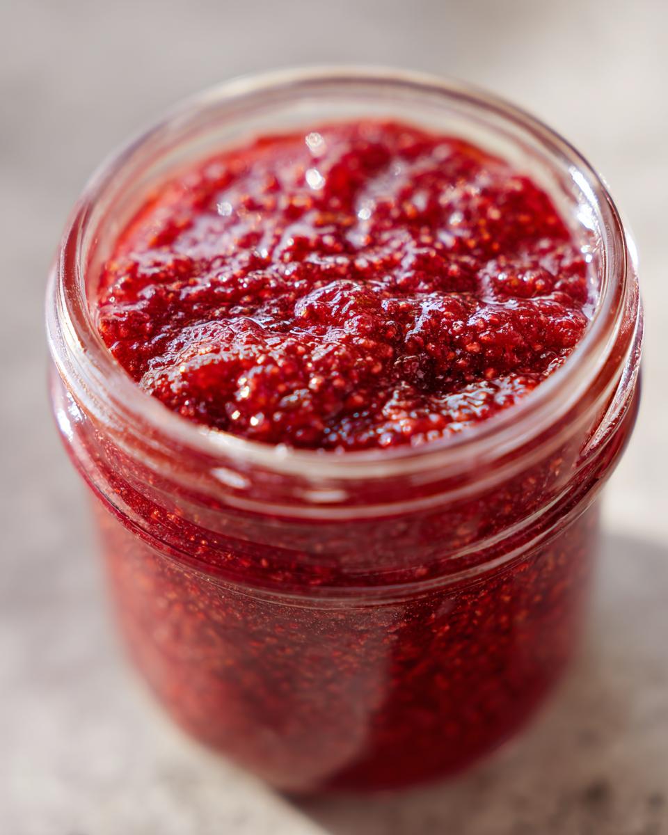 Close-up of vibrant, chunky strawberry freezer jam filling a clear glass jar in bright sunlight.