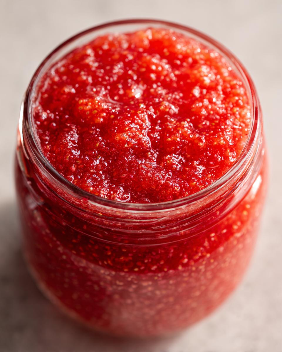 Close-up overhead view of bright red, textured strawberry freezer jam filling a clear glass jar.