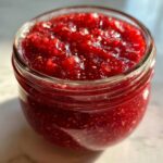 Close-up of a glass jar filled with vibrant, chunky strawberry freezer jam, showing visible seeds.