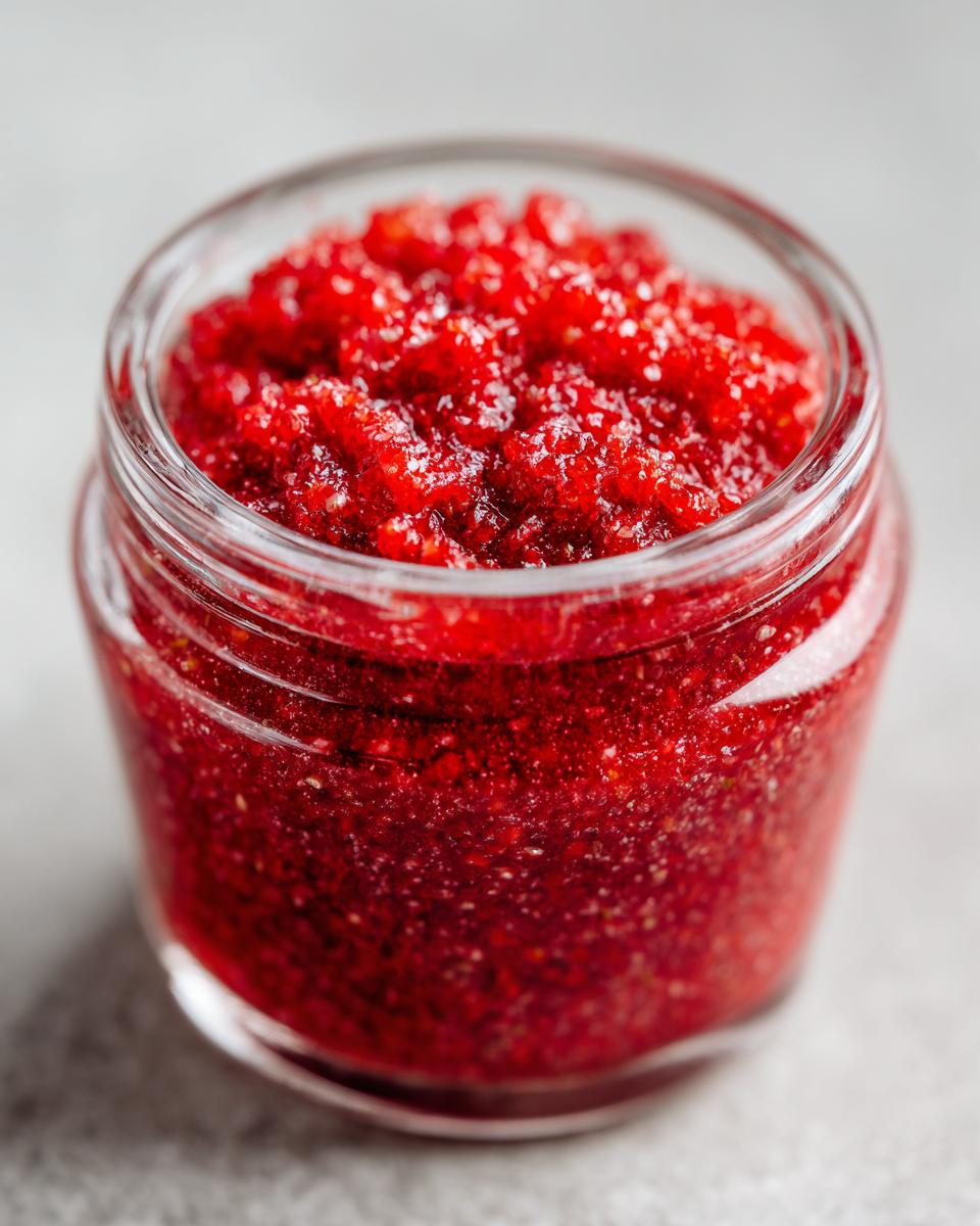 Close-up of a small glass jar filled with vibrant, chunky strawberry freezer jam.