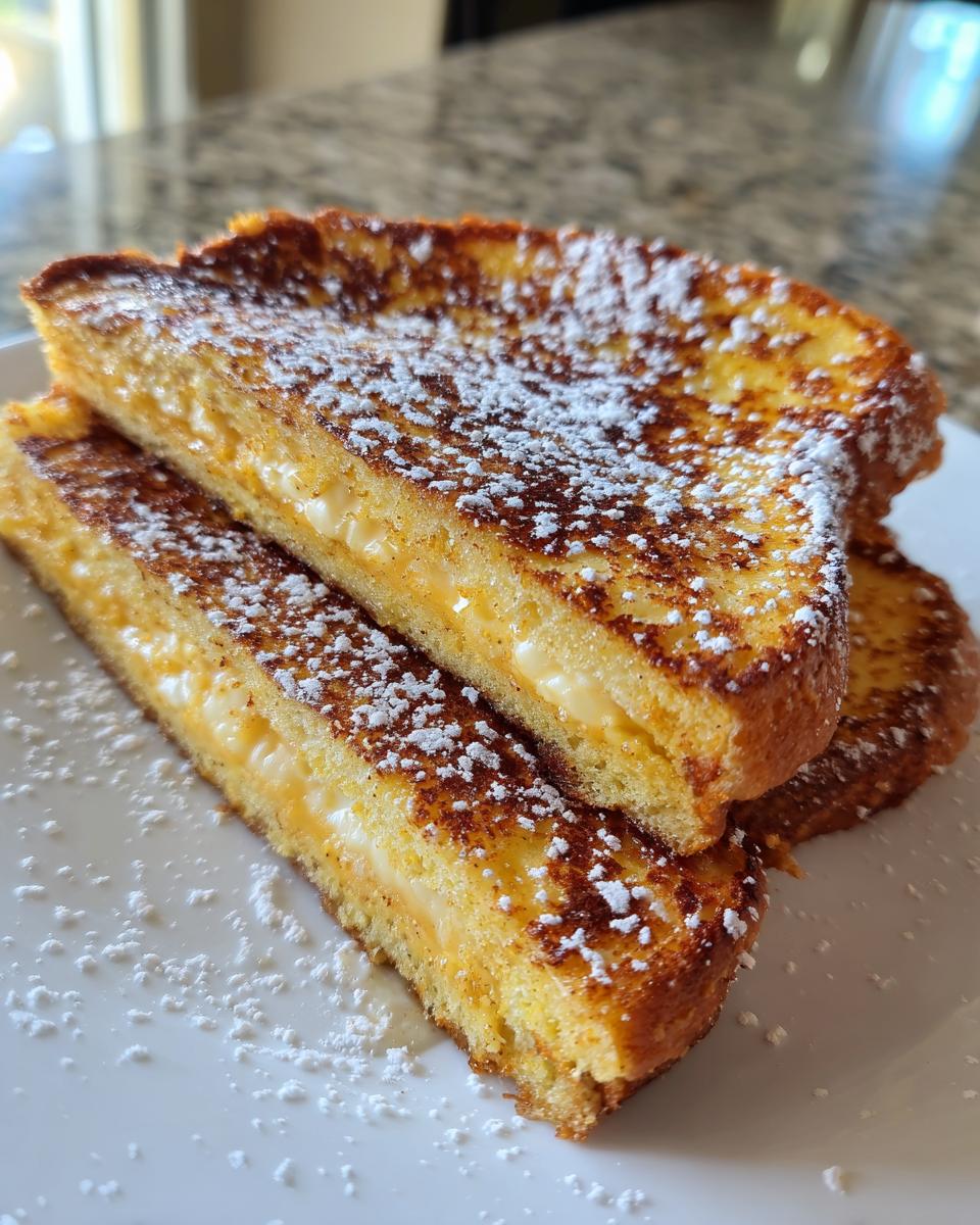 Close-up of two stacked slices of golden brown stuffed french toast dusted heavily with powdered sugar.