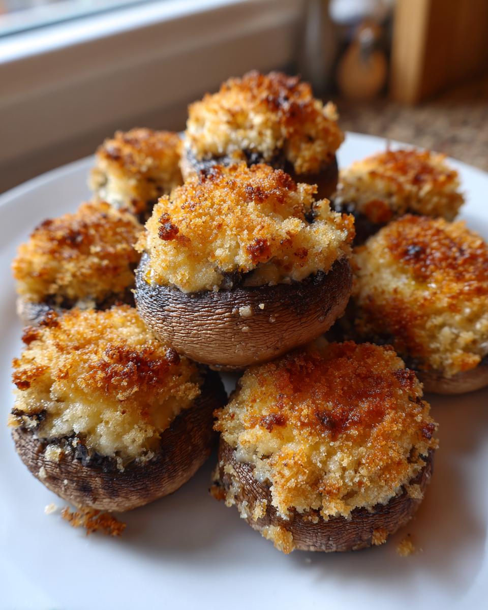 A close-up of several golden brown stuffed mushrooms recipe appetizers piled on a white plate.
