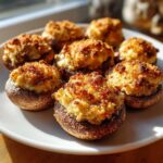 Seven perfectly baked stuffed mushrooms recipe appetizers with golden, crispy breadcrumb topping on a white plate.
